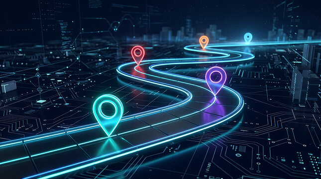 Digital roadmap and technology journey concept with glowing GPS map markers
