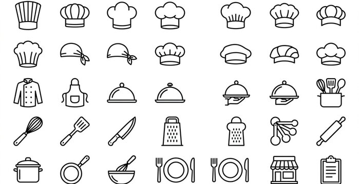 Chef hat toque kitchen culinary outline icons vector set