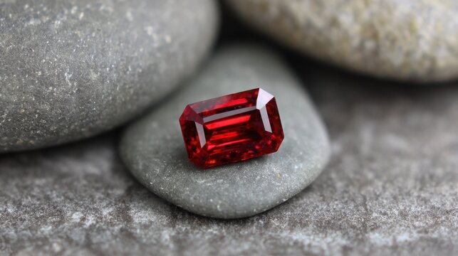 A captivating emerald-cut ruby gemstone with deep red brilliance resting on smooth pebbles