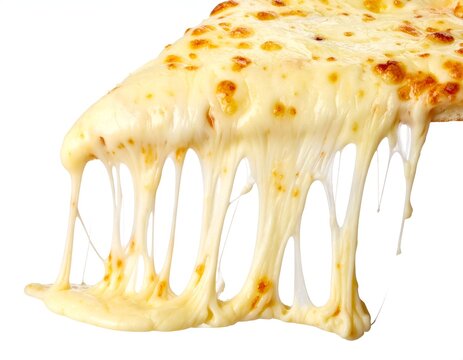 Hot pizza slice with thick melting cheese strings.