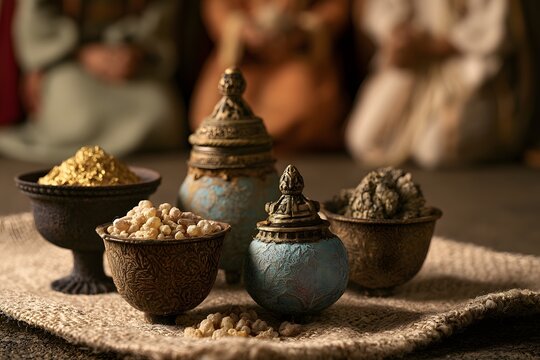 Gifts of gold, frankincense, and myrrh in ornate bowls and vessels