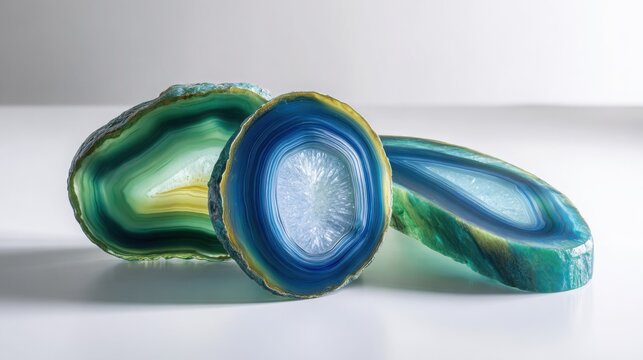 Vibrant blue and green agate slices showcasing natural concentric rings and crystalline structures on a clean surface