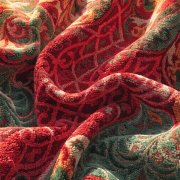 Close-up of red and green paisley patterned fabric folds