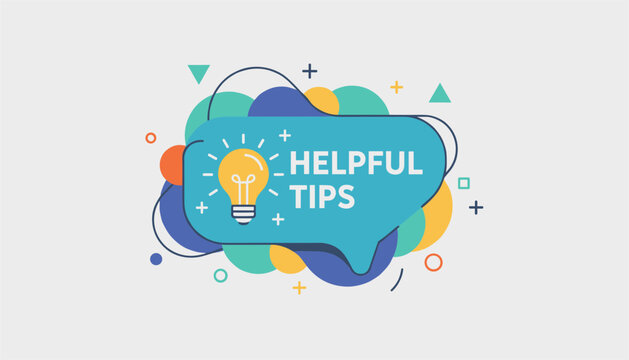 Creative helpful tips banner with a bright lightbulb in a speech bubble and colorful abstract elements.