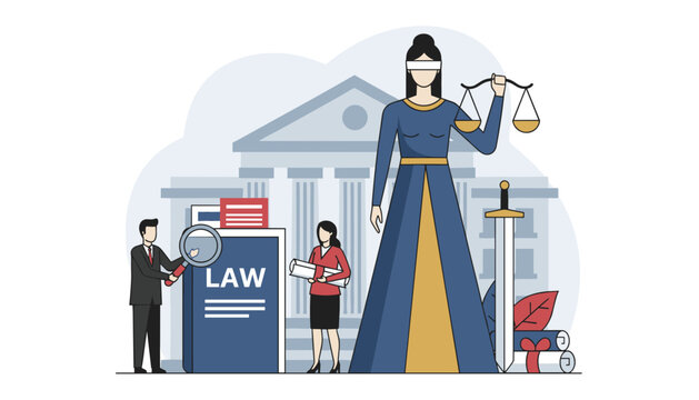 Justice and law concept showing the blind folded lady holding scales in front of a courthouse with lawyers.