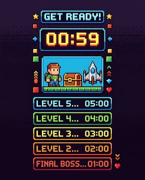 Retro pixel art game interface with countdown timer and levels
