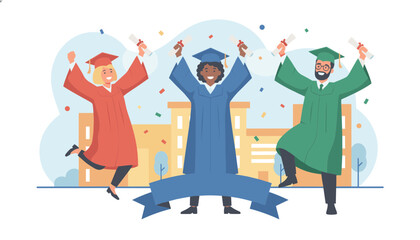 Fototapeta premium Three happy diverse graduates in colorful academic gowns jumping with joy and holding diplomas under falling confetti.