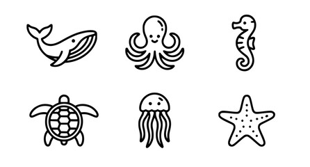 Fototapeta premium Marine Animals Line Art Icons Set, Whale Octopus Turtle Seahorse Vector Collection