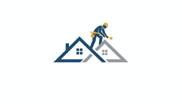 Roofing contractor company logo template shows a worker wearing hard hat and safety gear repairing house roof structure.