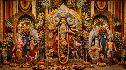 Obraz premium Goddess Durga idol with floral decorations during Durga Puja.