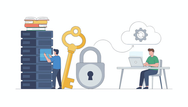 IT security experts secure data servers with a large silver padlock and golden key connected to a cloud storage.