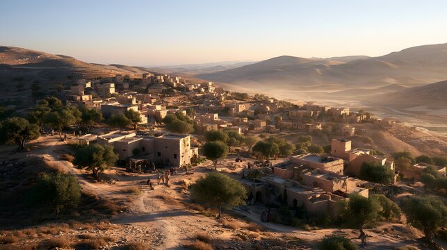 High angle shot of an ancient middle eastern village at dawn with traditional stone buildings