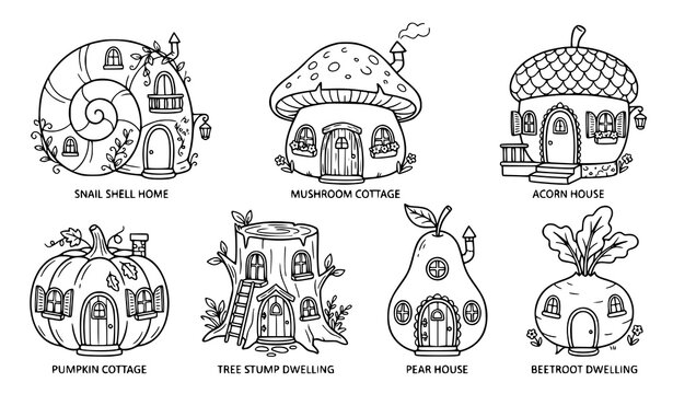 Collection of charming mushroom cottages and whimsical woodland houses for fantasy fairy tale illustrations