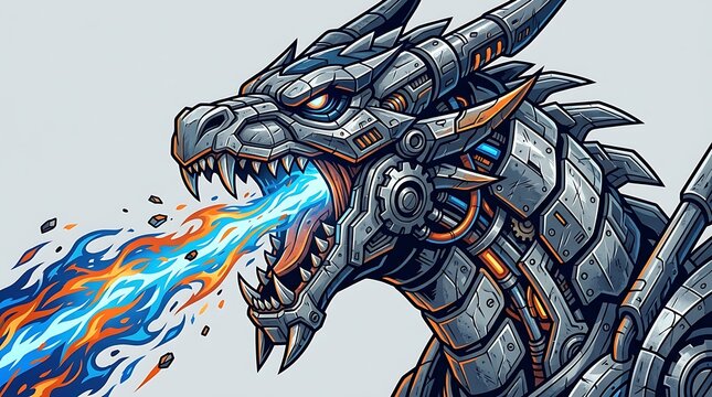 Powerful mechanical dragon breathing blue and orange fire