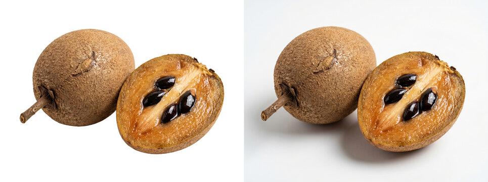 Fresh sapodilla fruit with half slice, tropical chiku fruit on white background, exotic brown sapota with black seeds