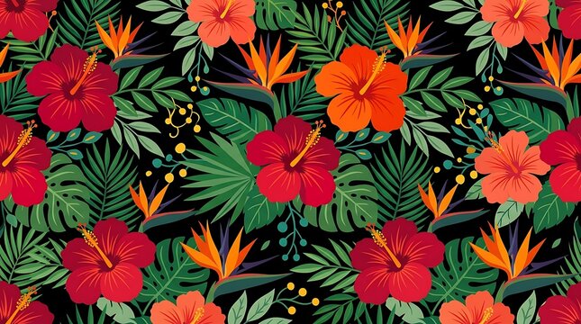 Vibrant tropical floral pattern with hibiscus and palm leaves