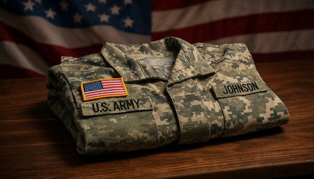 Folded military digital camouflage uniform jacket with us flag patch military camouflage american tactical patriotism clothing nationalism heritage government commemoration memorial