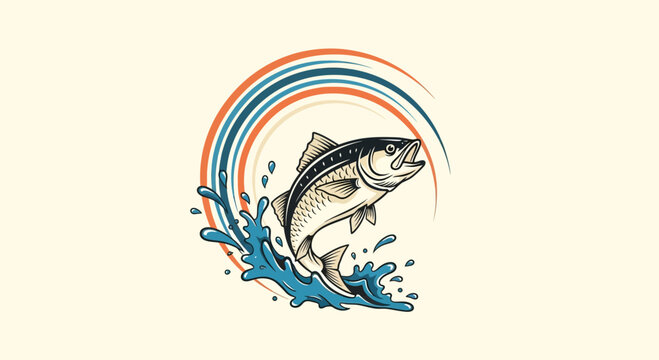A stylized illustration of a fish jumping out of the water