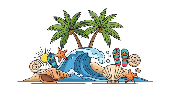 A vibrant illustration of a tropical beach scene with ocean waves