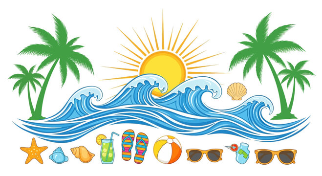 A vibrant summer beach scene with ocean waves and palm trees