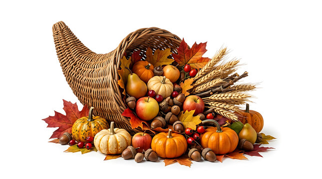 Autumn harvest cornucopia overflowing with pumpkins, gourds, and fall leaves for Thanksgiving centerpiece