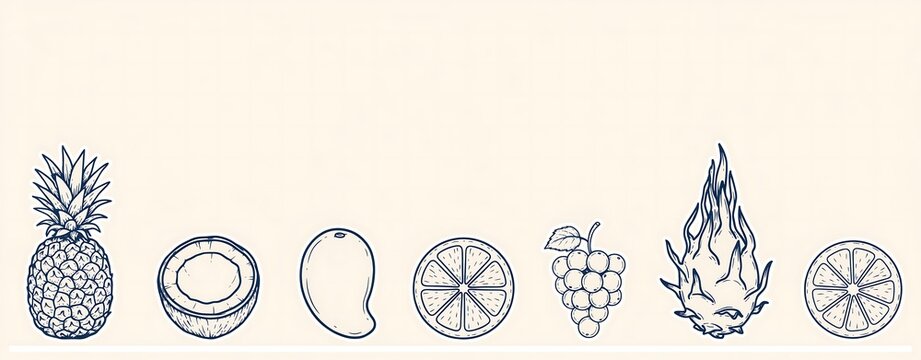A minimalist black and white line art collection of various tropical fruits including pineapple coconut mango and citrus