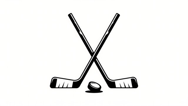 Minimalist black and white ice hockey illustration with crossed hockey sticks and a puck for sports team logo branding