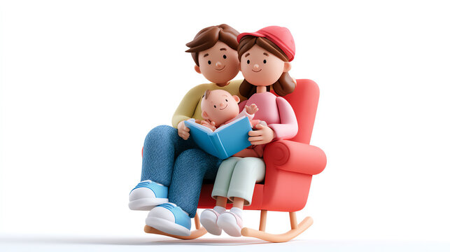 A joyful family scene featuring parents reading a book to their infant in a cozy rocking chair, showcasing love and family bonding.