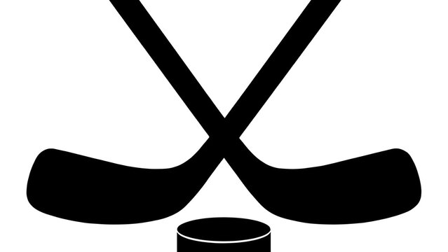 Minimalist black icon featuring two crossed ice hockey sticks with a puck for winter sports and tournament graphic design