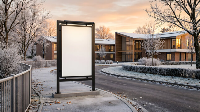 Blank vertical billboard mockup on a snowy suburban street at sunset
