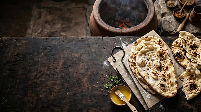 Freshly baked naan bread on a rustic table near a tandoor oven