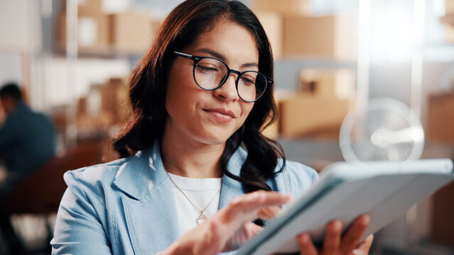 Smile, woman or tablet in small business for logistics, fleet tracking system or online invoice. Glasses, person or tech in supply chain for shipment status, digital receipt or bill of lading review