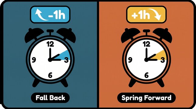 Daylight saving time concept with alarm clocks for spring forward with changes one spring depicts two alarm one fall back time change notification representing transition