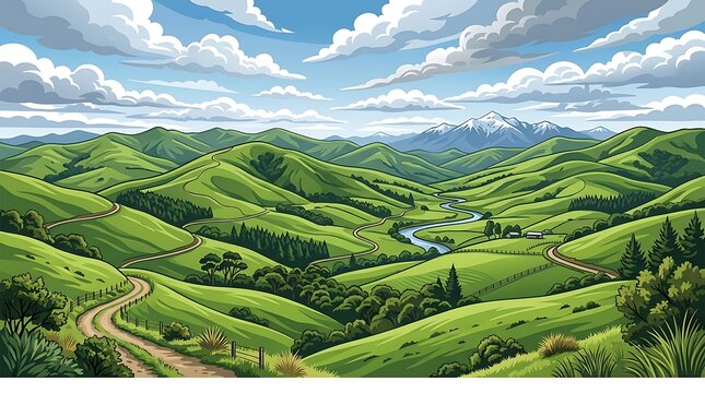 Lush rolling green hills with a winding road and distant mountains