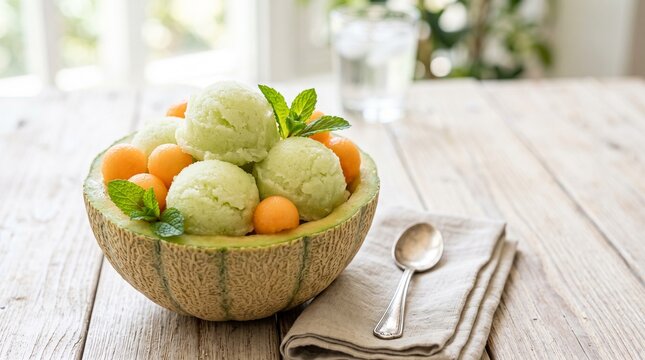 Refreshing Honeydew Melon Sorbet Served Inside a Hollowed Fruit Shell Garnished With Fresh Mint Leaves on a Rustic Wooden Table