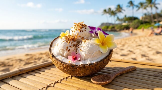 Refreshing coconut ice cream served in a halved coconut shell with tropical flowers on a bamboo tray at a sunny ocean beach