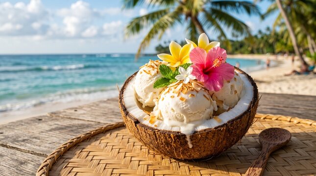 Refreshing Tropical Coconut Ice Cream Bowl Served With Exotic Fresh Flowers On A Sunny Beachside Wooden Table During Vacation
