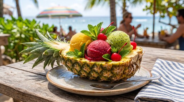 Refreshing Tropical Pineapple Sorbet Dessert Served in a Fresh Fruit Bowl on a Sunny Beachside Wooden Table During Summer Vacation