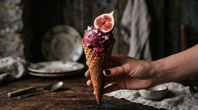Handheld Dark Berry Sorbet Ice Cream Cone Topped With Fresh Sliced Fig Fruit Serving For Elegant Summer Dessert Presentation