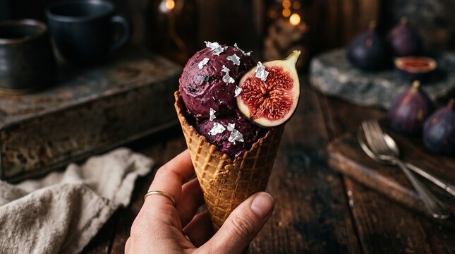Hand holding a rustic dark purple fruit ice cream cone topped with fresh fig slices and edible silver leaf for gourmet dessert