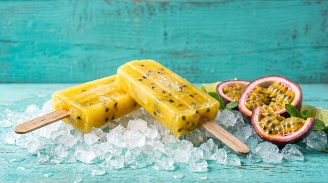 Refreshing Homemade Tropical Passion Fruit Popsicles Served on a Bed of Crushed Ice with Fresh Slices for a Healthy Summer Dessert