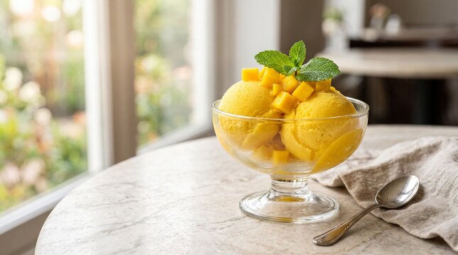 Refreshing Scoop of Fresh Mango Sorbet Topped With Diced Fruit Pieces and Mint Leaves Served in a Crystal Glass Bowl on a Marble Table