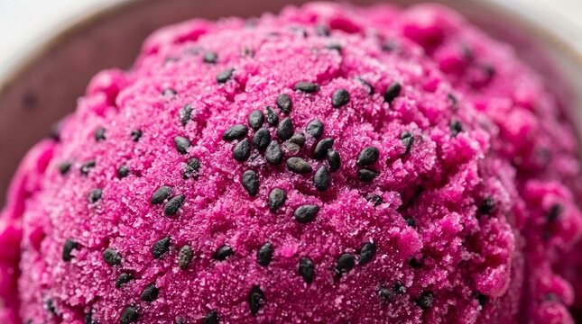 Refreshing scoop of vibrant dragon fruit sorbet with crunchy black sesame seeds in a simple modern bowl for summer dessert