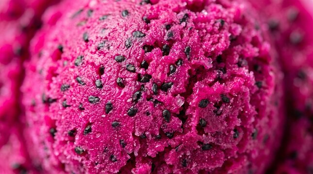 Extreme macro shot of vibrant pink pitaya dragon fruit gelato scoop featuring detailed texture and small edible black seeds