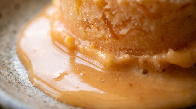 Macro close up of a textured peach ice cream scoop served on a rustic plate and drizzled with fresh passionfruit pulp sauce