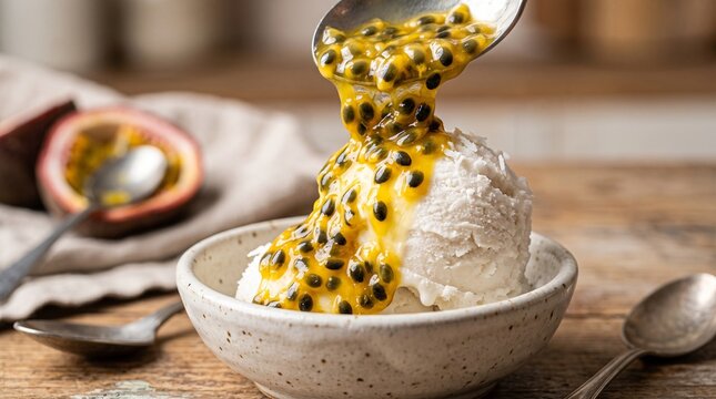 Fresh Passion Fruit Pulp Being Poured Over Creamy Coconut Ice Cream in a Rustic Ceramic Bowl on a Wooden Table Surface Setting