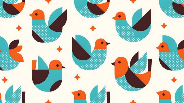 Mid-Century Modern Geometric Bird Pattern with Abstract Shapes for Decorative Textiles and Creative Design Backgrounds