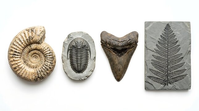 Four prehistoric fossils including ammonite, trilobite, shark tooth, and fern imprint isolated on a white background