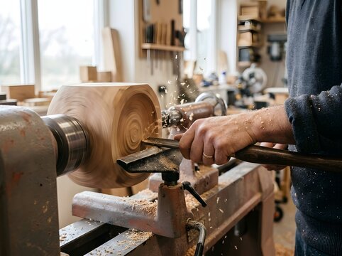 Craftsman Shaping Wooden Bowl with Gouge Chisel on Lathe Machine in Carpentry Workshop