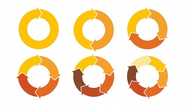Circular process cycle diagrams with arrows in orange with arrows various shades six circular optimization infographic development improvement progression management with transition